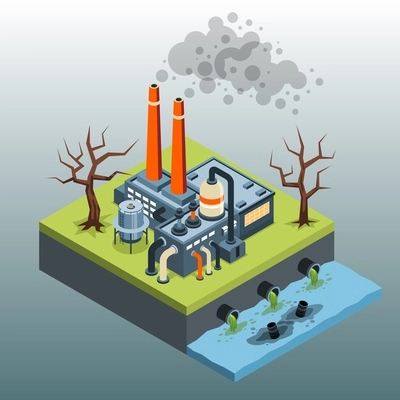 Isometric global environmental problems with plant polluting air and water vector illustration