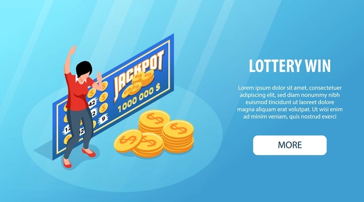 Isometric lottery win concept with happy woman hitting jackpot vector illustration