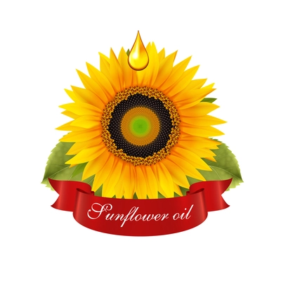 Sunflower oil realistic emblem with flower leaves and red ribbon isolated on white background vector illustration