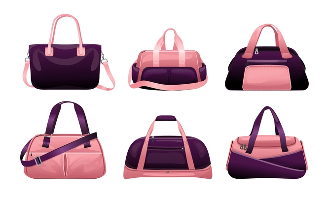 Gym bag color set light and dark pink with different sizes and capacities vector illustration