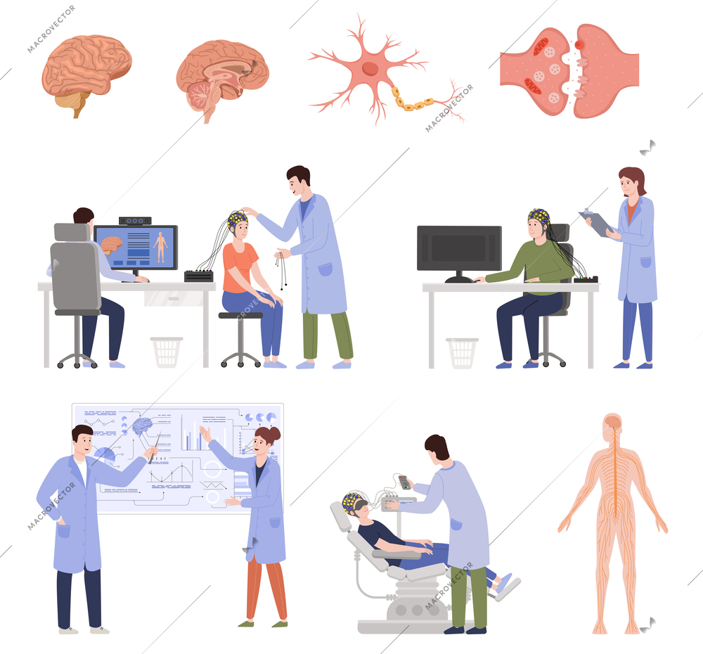 Neuroscience brain scientists flat set of isolated icons with characters of doctors patients anatomic body sensors vector illustration
