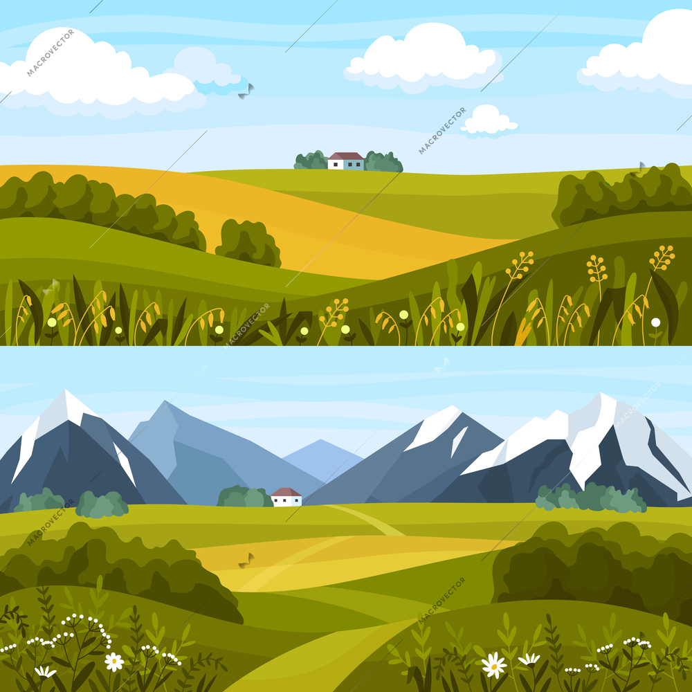 Two vertical rural landscape composition set two cottages against a background of mountains and sky vector illustration