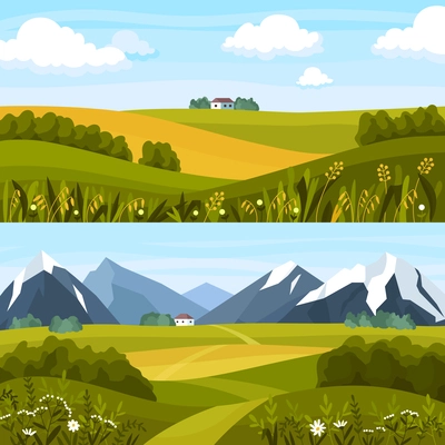 Two vertical rural landscape composition set two cottages against a background of mountains and sky vector illustration