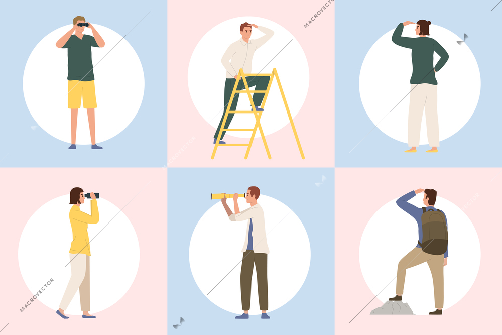 People looking into distance concept of future new horizons direction choice flat set isolated vector illustration