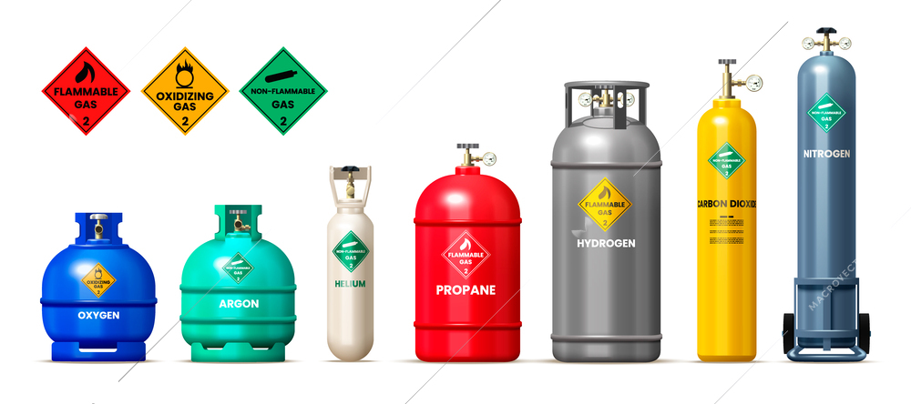 Gas cylinders and tanks realistic set with oxidizing gas symbols isolated vector illustration
