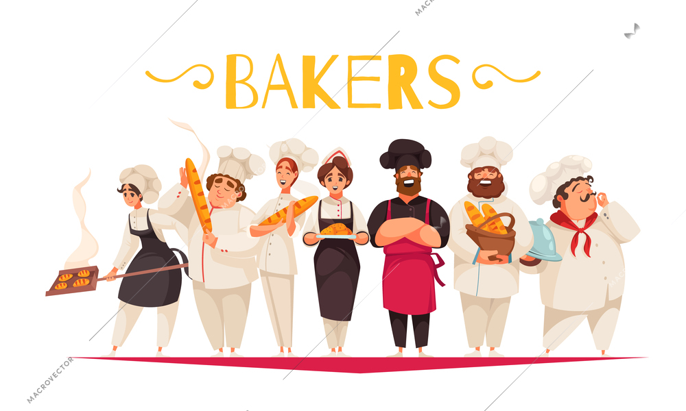 Bakers flat vector illustration with cartoon characters in professional clothes and hats with loaf of bread and baguette