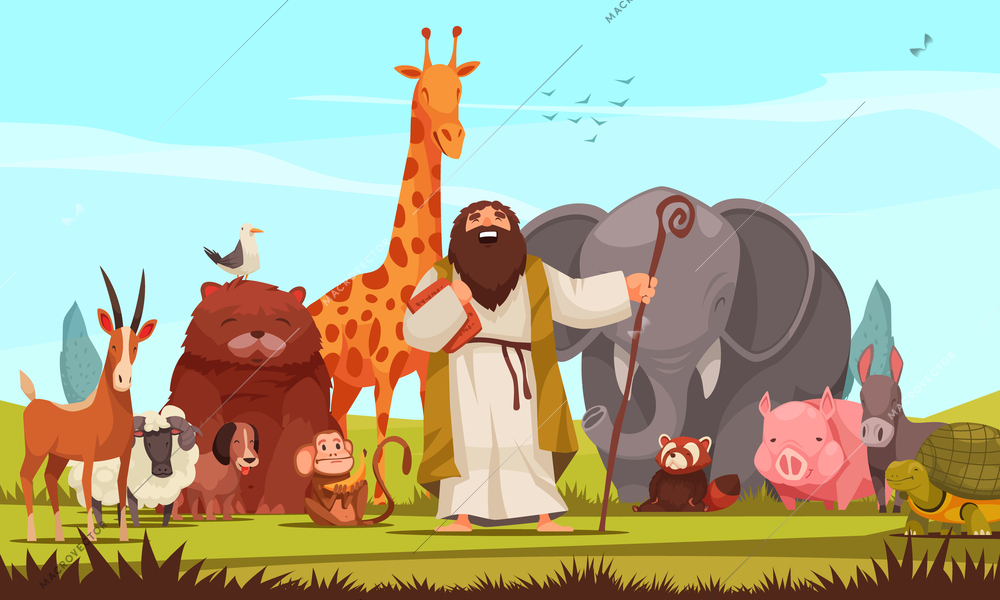 Noah surrounded by group of wild animals gathered to escape from flood flat colored background cartoon vector illustration