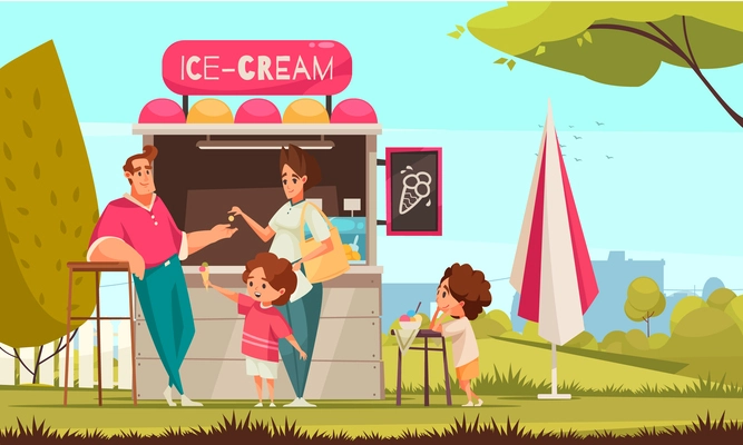 Fragment of city park landscape with woman buying ice cream for her children in street cart flat vector illustration