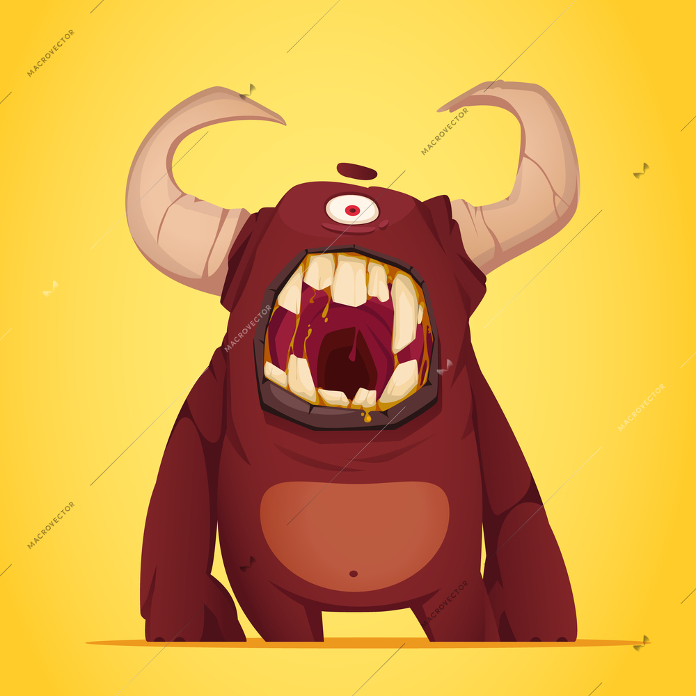 Monster cartoon yellow background with image of creepy one eyed horned creature with terrible grin vector illustration