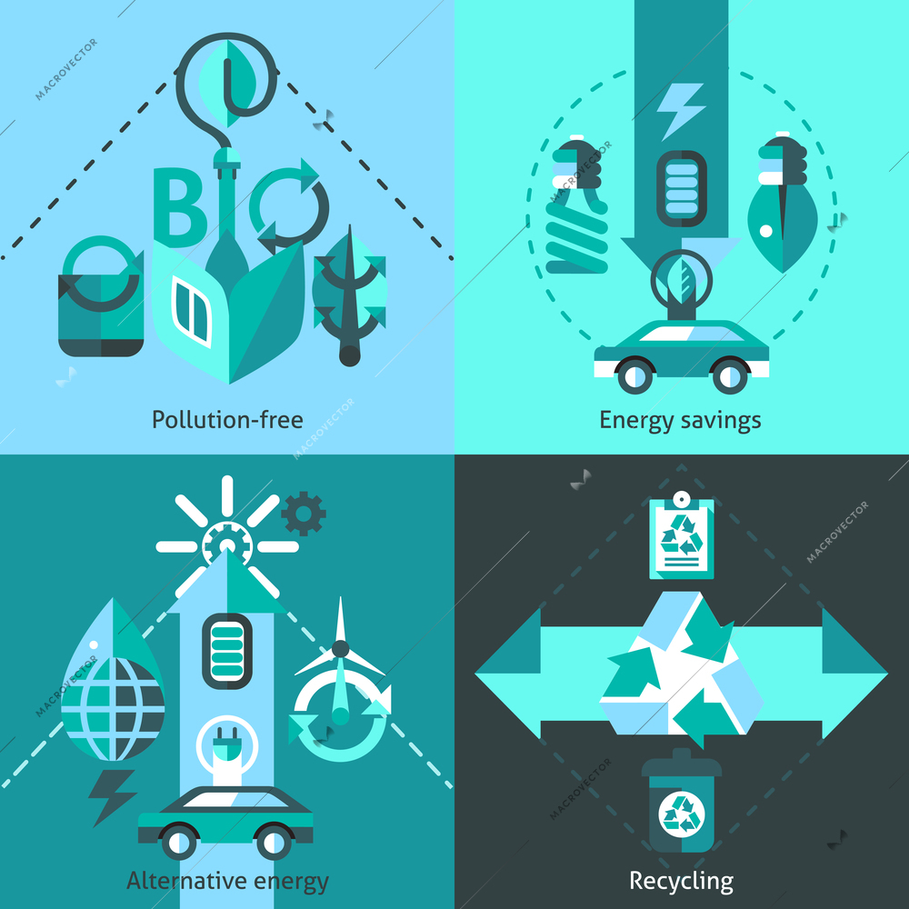 Ecology flat icons set with pollution free alternative energy savings recycling isolated vector illustration