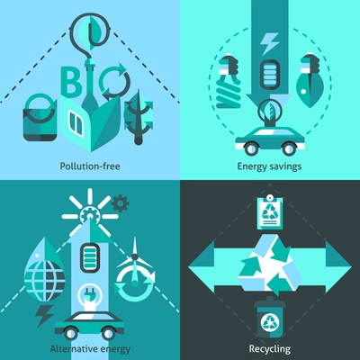 Ecology flat icons set with pollution free alternative energy savings recycling isolated vector illustration