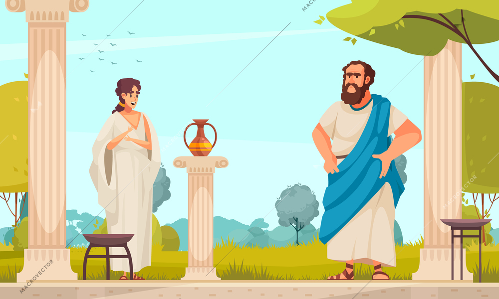 Ancient greek philosopher socrates talking with his young wife in athens garden colored background flat  vector illustration