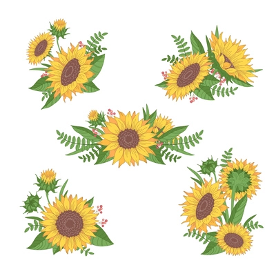 Cartoon floral collection of sunflower bunches with leaves and berries isolated on white background vector illustration