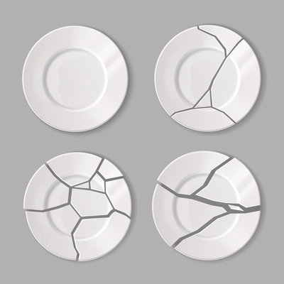 Realistic broken dishware set with isolated unbroken and cracked white plates on grey background vector illustration