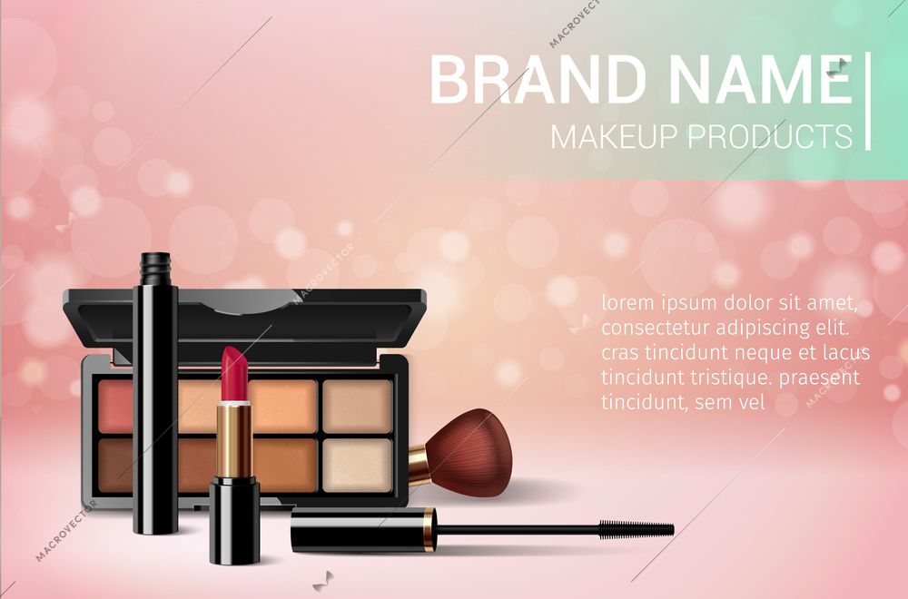 Makeup products realistic ad poster with eyeshadow palette brush lipstick and mascara on pink bokeh background vector illustration