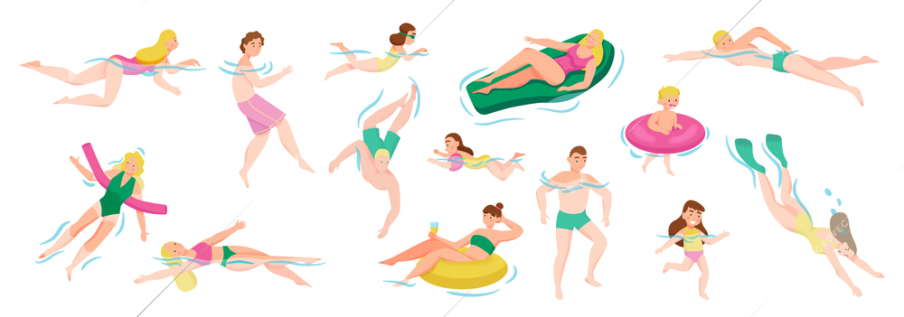 Swimming swimwear people icon set women and men in the water swim in bikinis on water mattresses and other equipment vector illustration