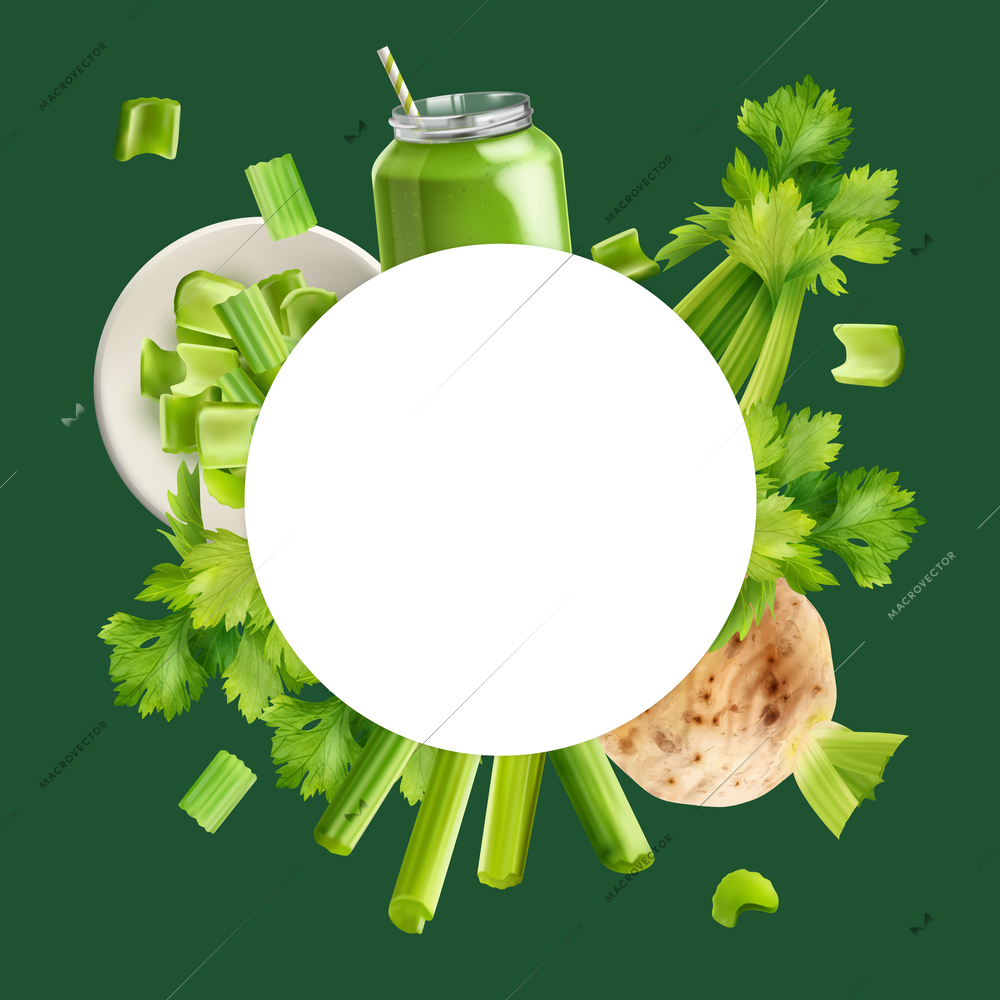 Realistic celery frame whole and sliced celery stalk a white circle in the center vector illustration