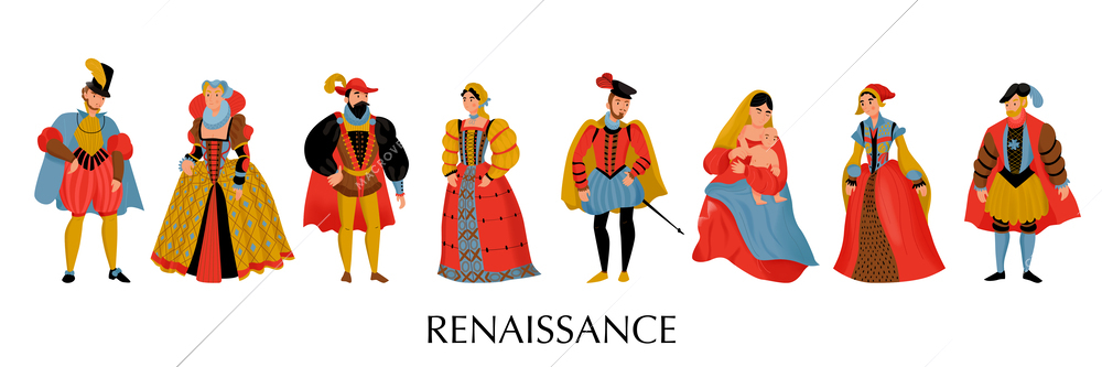 Renaissance style colored icon set medieval costumes and dresses of different colors for rich men and women vector illustration