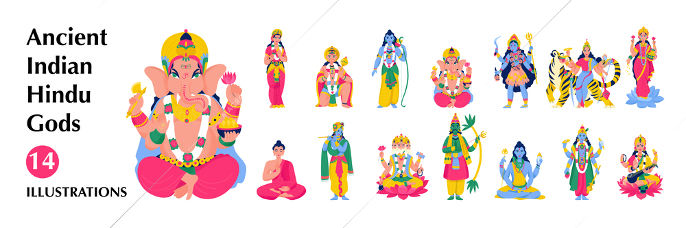 Isolated ancient indian hindu gods big icon set with shiva brahma ganesha budha and several others gods vector illustration