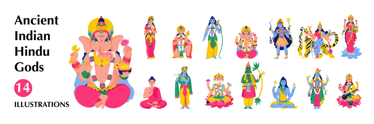 Isolated ancient indian hindu gods big icon set with shiva brahma ganesha budha and several others gods vector illustration