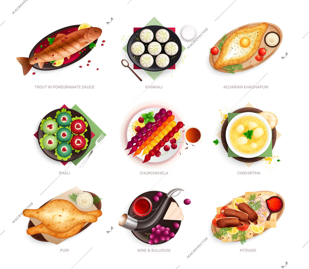 Georgia cuisine set of isolated round compositions with top views of traditional georgian dishes with text vector illustration