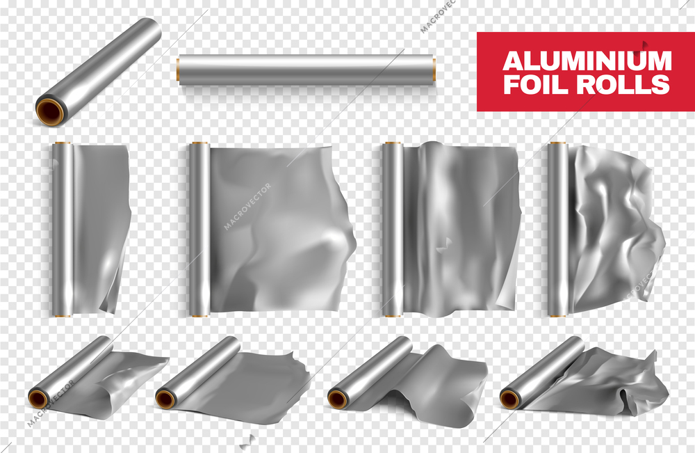 Realistic aluminium foil rolls transparent set isolated vector illustration