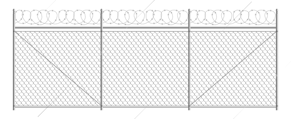 Barb metallic fence with boundary protection symbols realistic vector illustration