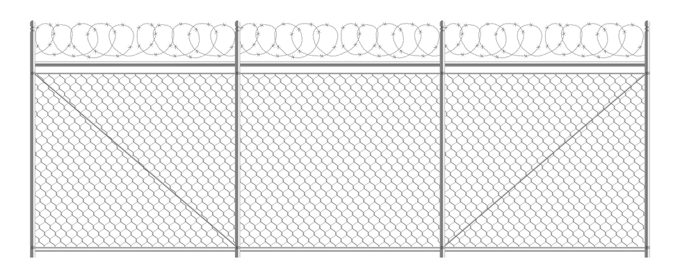 Barb metallic fence with boundary protection symbols realistic vector illustration