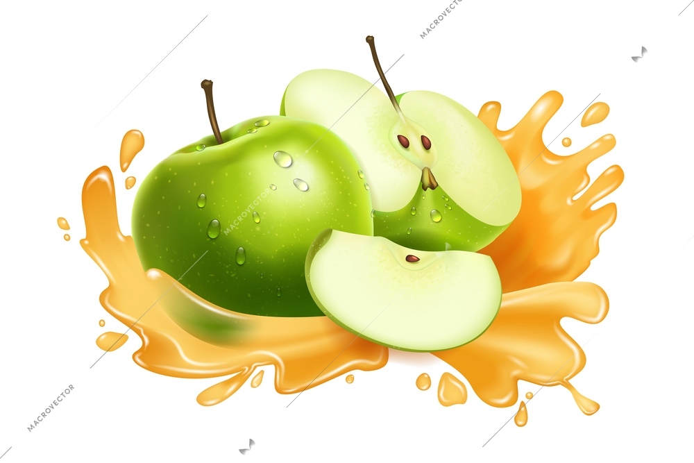 Fresh green apples with drops in juice splashes realistic vector illustration