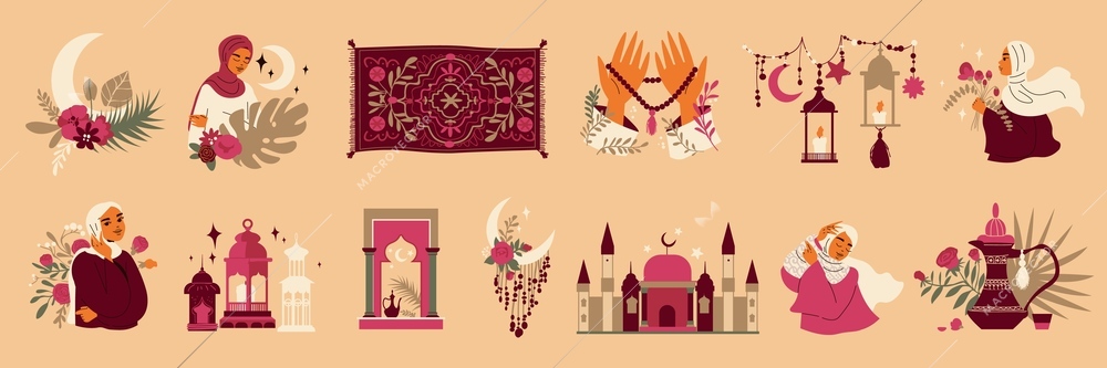 Islamic boho color icons set with tradition muslim religion symbols isolated vector illustration