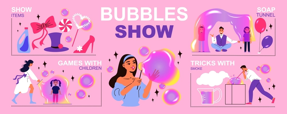Big bubbles show flat icons set with soap tunnel and child party games vector illustration