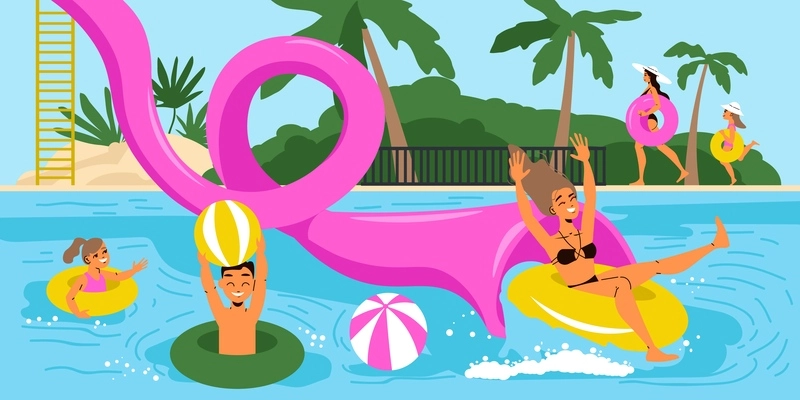 Aquapark flat composition with happy people riding water tubes vector illustration