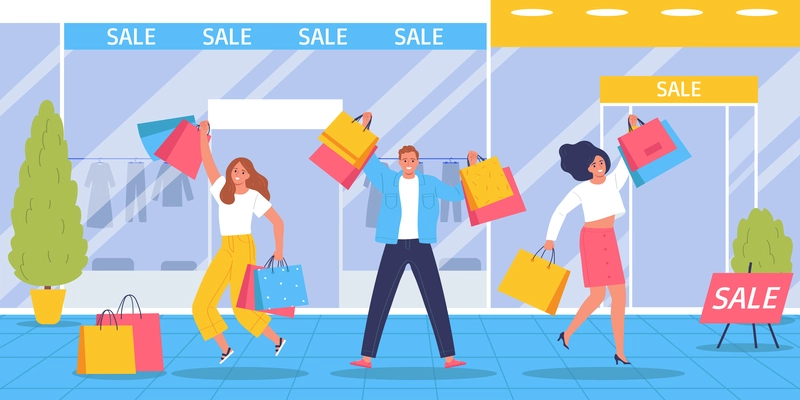 Big sale flat composition with happy people holding shopping bags vector illustration