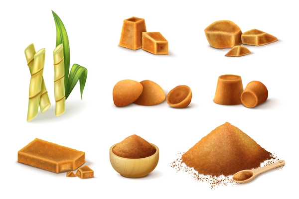 Jaggery realistic set with isolated blocks cubes granulated sugar cane vector illustration