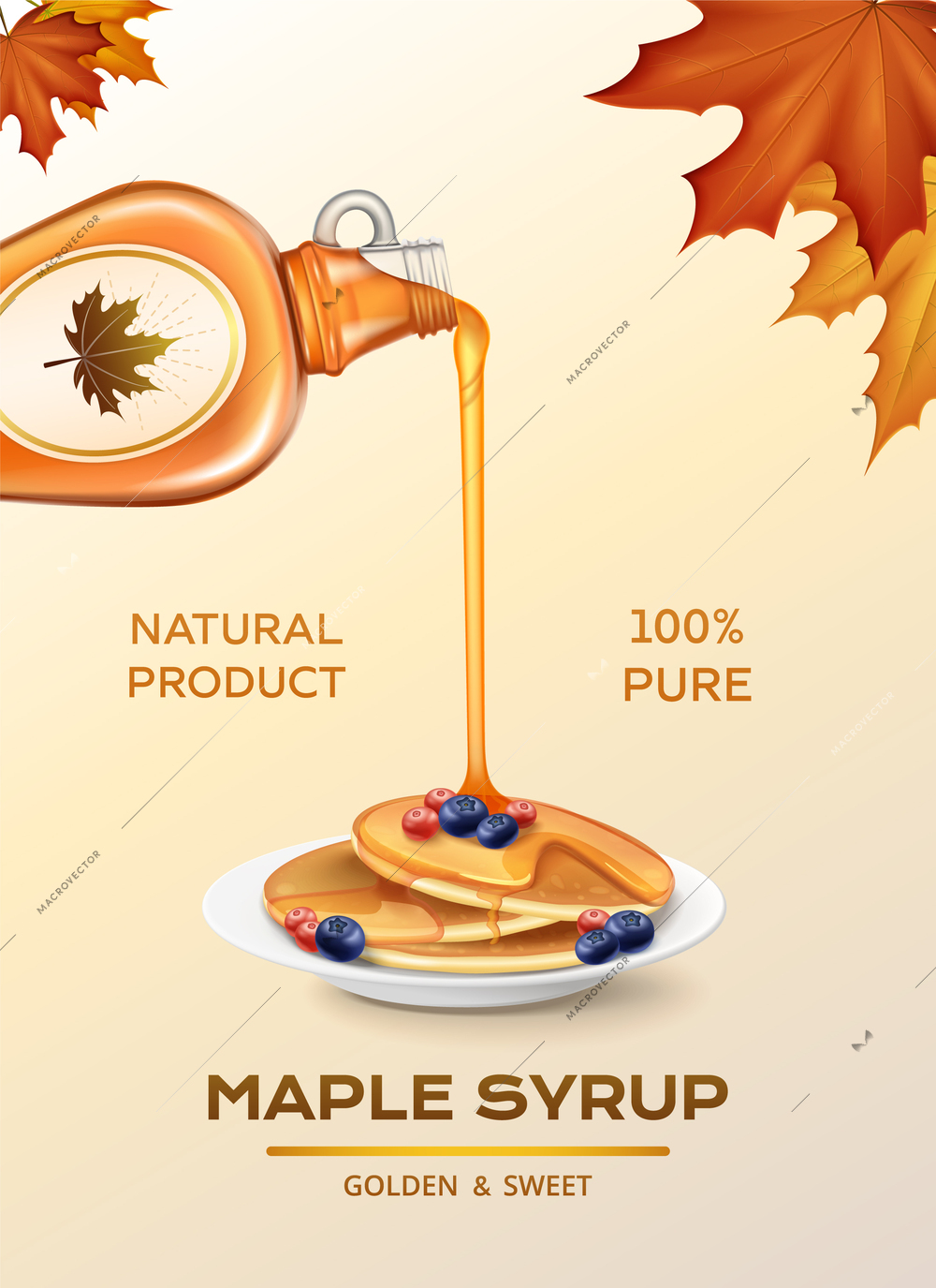 Pancakes with natural maple syrup realistic composition on background with autumn leaves vector illustration