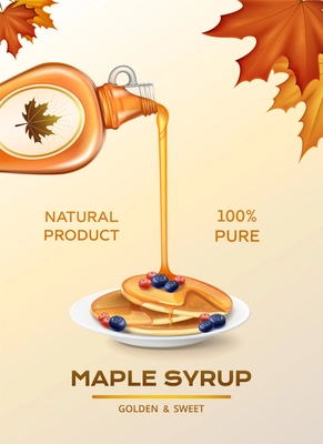 Pancakes with natural maple syrup realistic composition on background with autumn leaves vector illustration