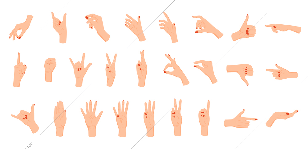 Human hands gestures flat set with isolated icons of feminine hand with fingernails covered with enamel vector illustration