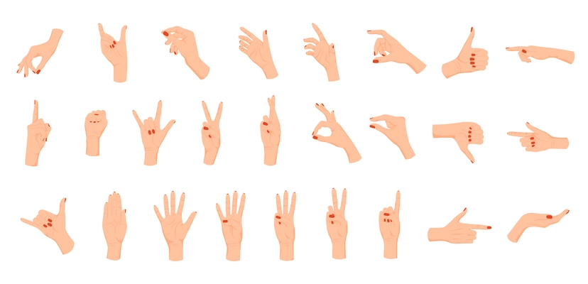 Human hands gestures flat set with isolated icons of feminine hand with fingernails covered with enamel vector illustration