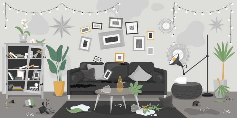 Dirty room interior composition with indoor view of living room with decorations wall paintings and rubbish vector illustration