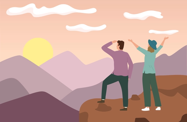 People looking into the distance future concept with man and woman on top of the mountain flat vector illustration