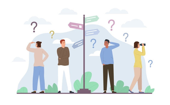 Decision making concept with people choosing right direction flat vector illustration