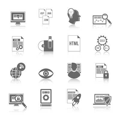 Programmer icon black set with software development coding symbols isolated vector illustration