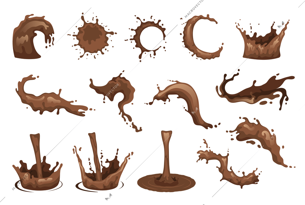 Pouring hot chocolate splashes flat icons set isolated vector illustration