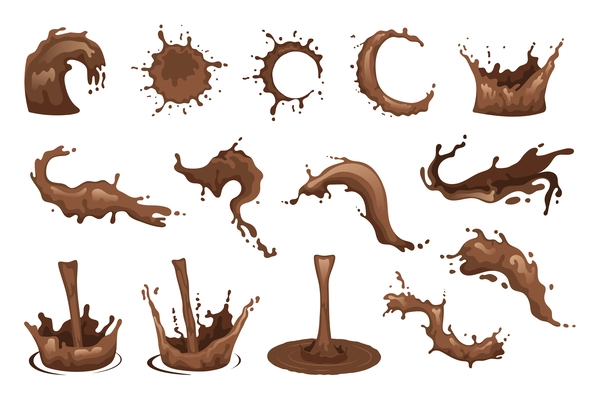 Pouring hot chocolate splashes flat icons set isolated vector illustration