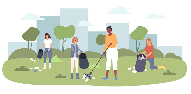 People picking and sorting garbage in public park flat vector illustration