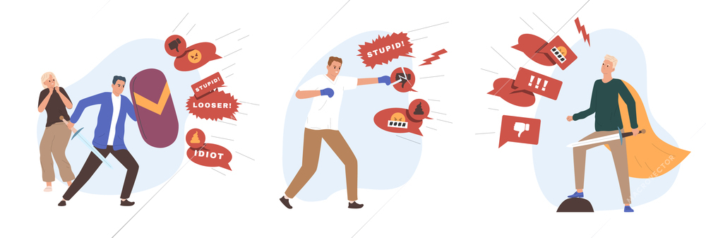 People fighting against bulling agression flat scenes set isolated vector illustration