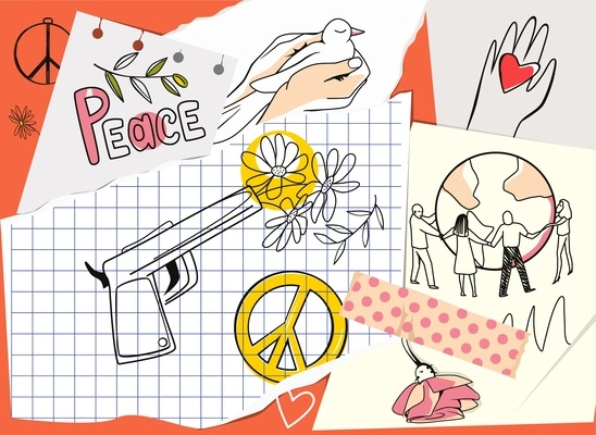 Peace flat hand drawn collage with pigeon in human hands and flower inserted into barrel of gun vector illustration