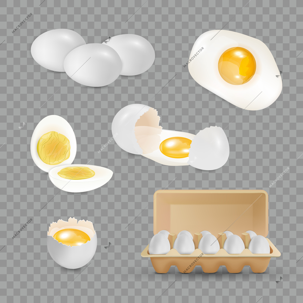 Realistic set of raw boiled fried chicken eggs eggshell container isolated on transparent background vector illustration