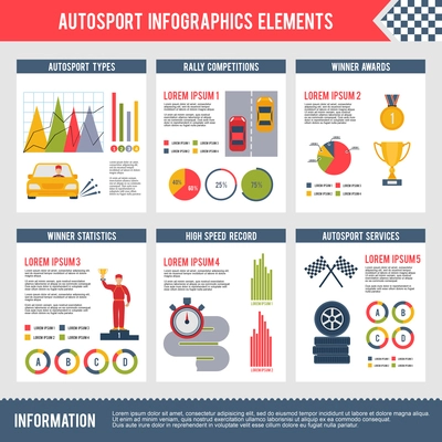 Auto sport infographics set with bolide trophy flag automobile competition charts vector illustration