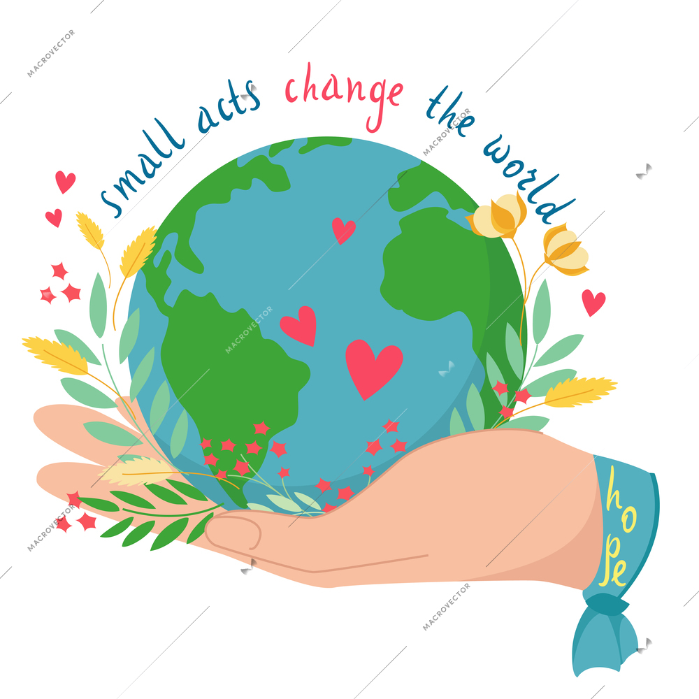 Charity flat composition with side view of human hand holding earth globe with text and hearts vector illustration